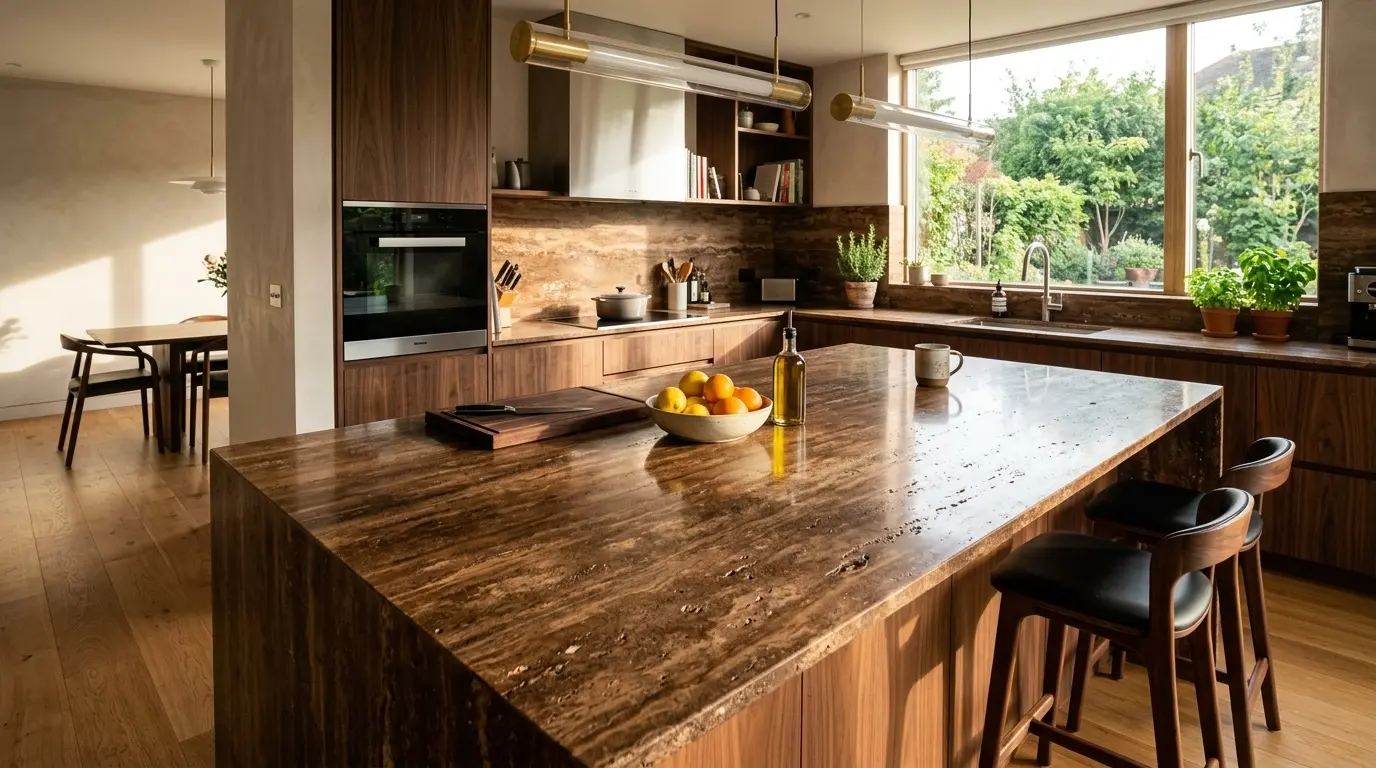 Polished brown travertine slab surface showing natural porous texture