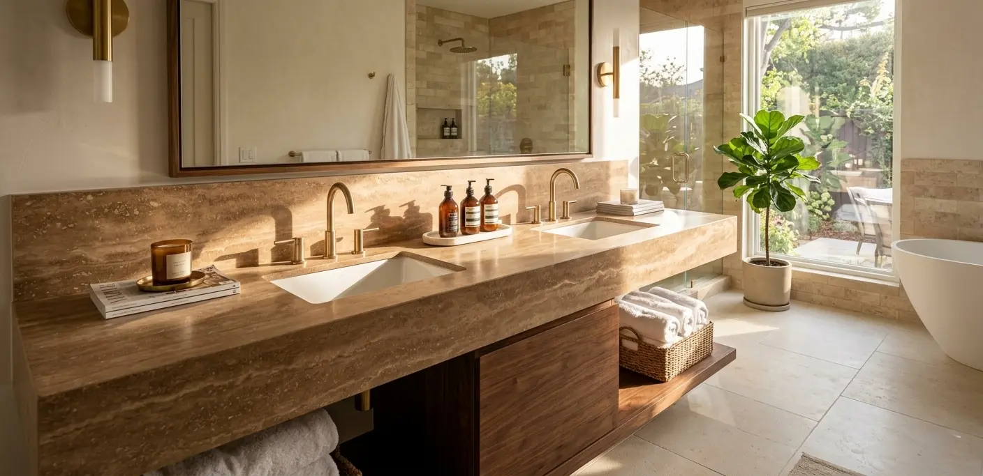 Brown travertine honed finish installed as bathroom vanity