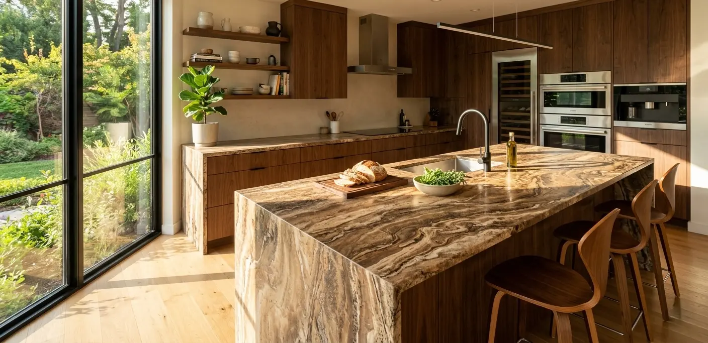 Brown travertine natural stone slab with warm walnut tones and unique veining pattern