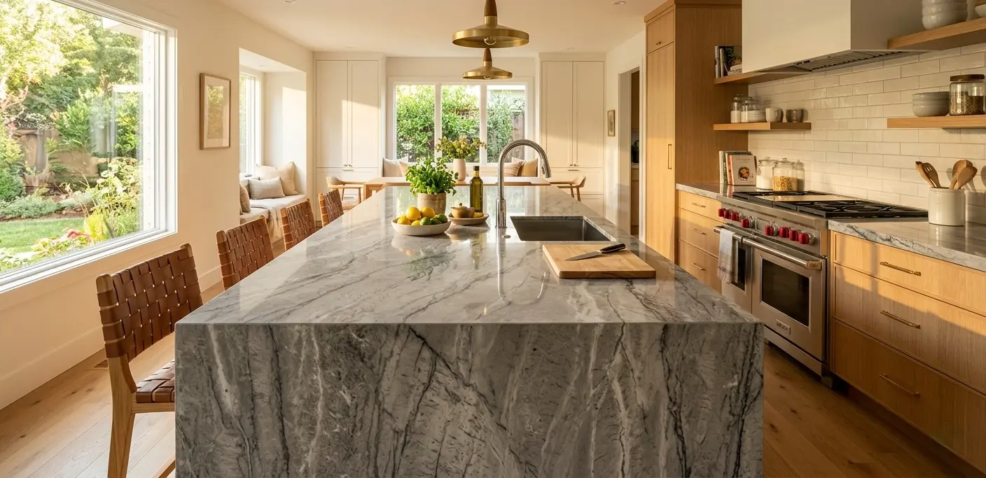 Gray travertine polished slab with cool silver and charcoal natural veining pattern