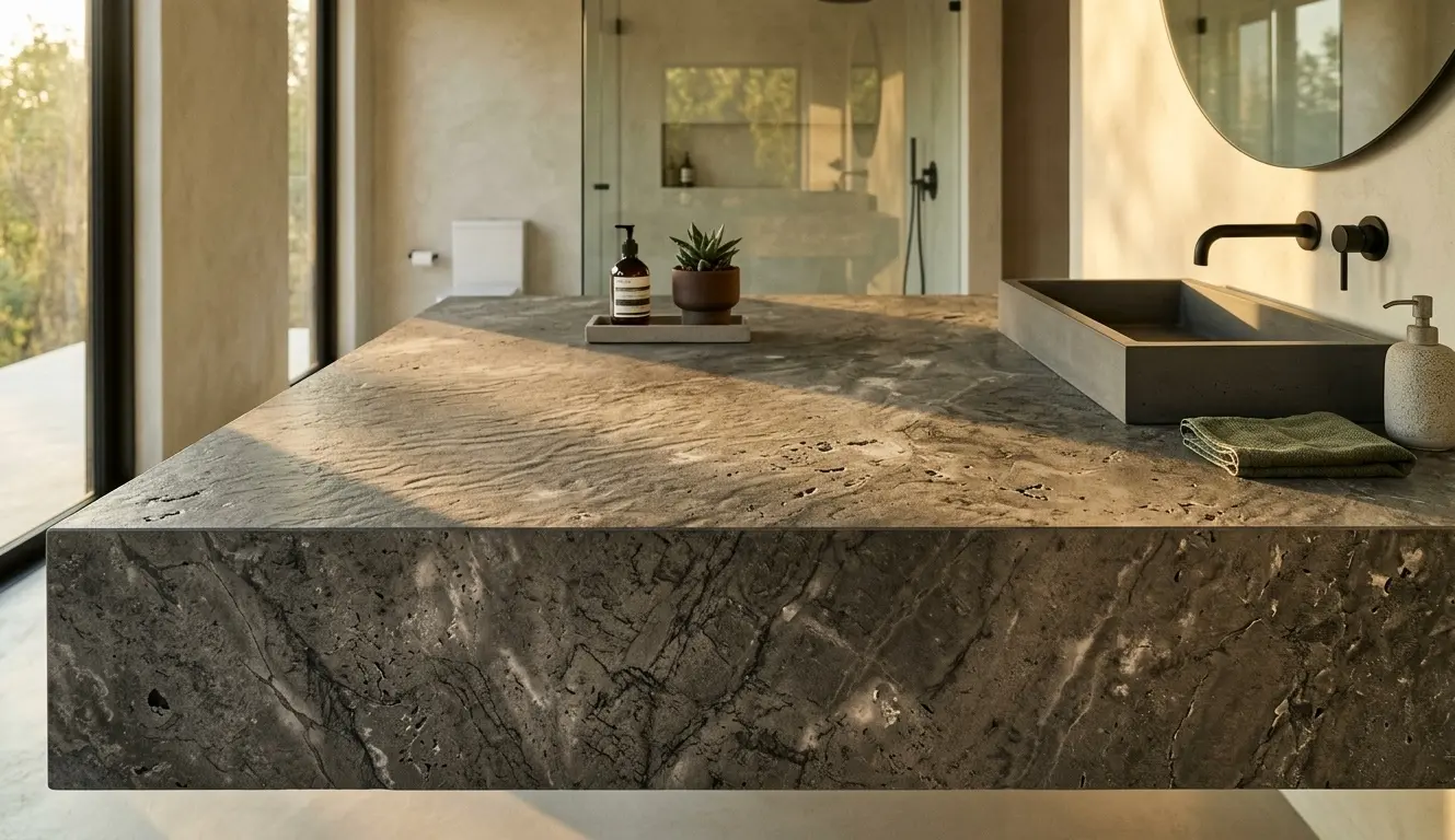 Close-up of gray travertine leathered slab surface