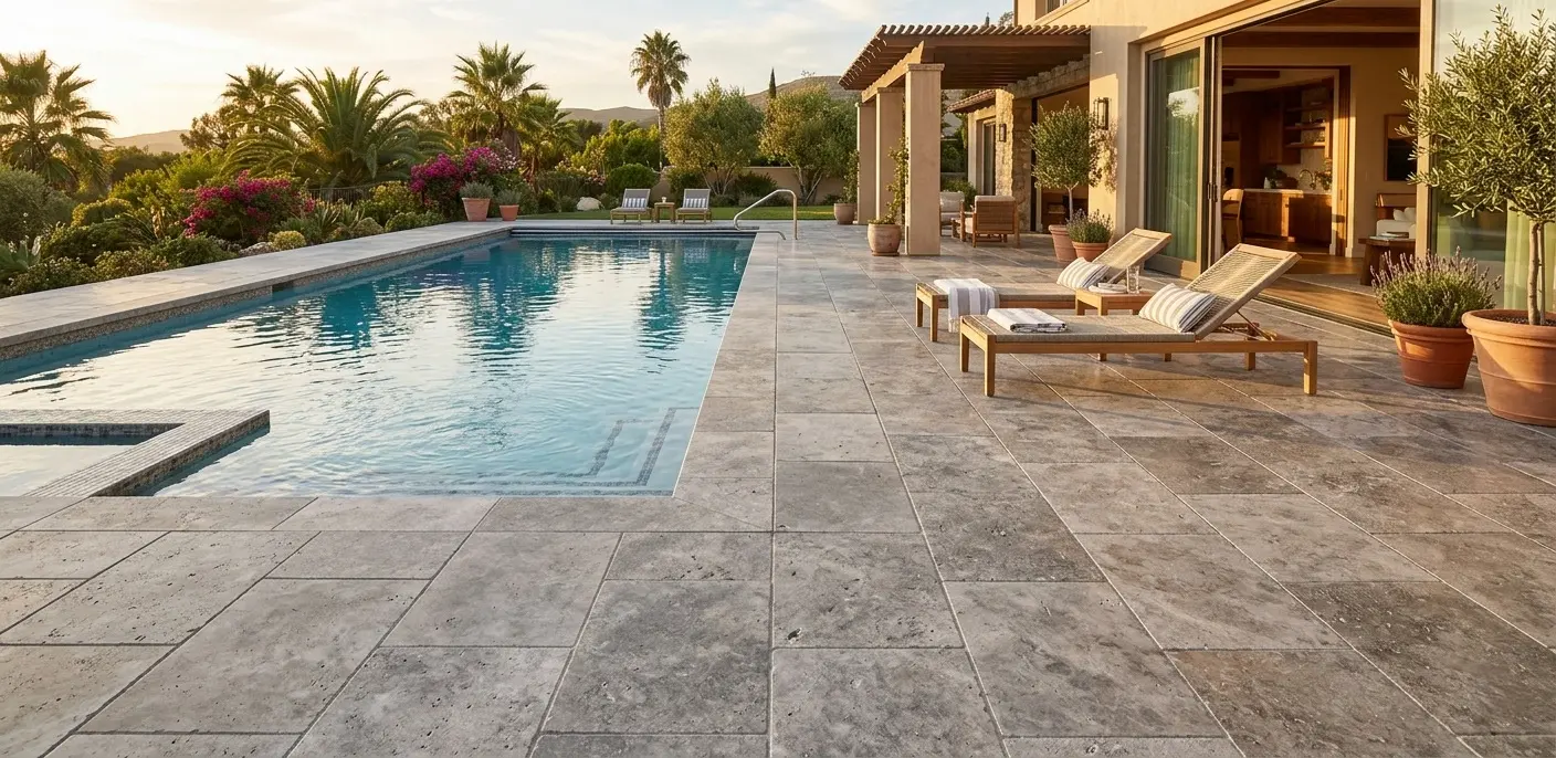 Gray travertine large-format floor tiles laid in straight-set pattern