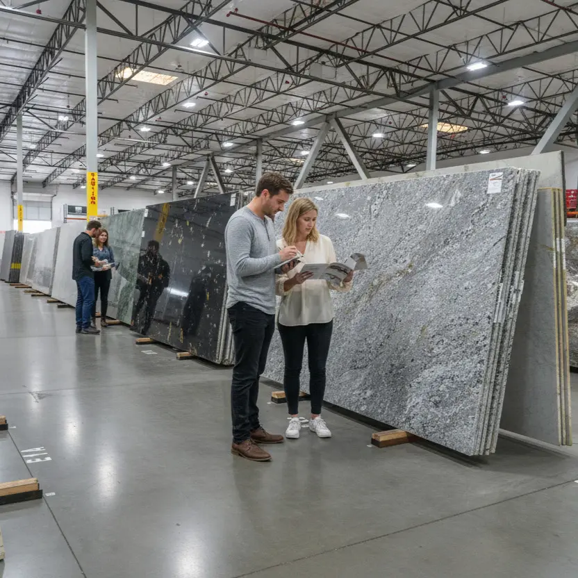 Couple choosing slabs in a showroom