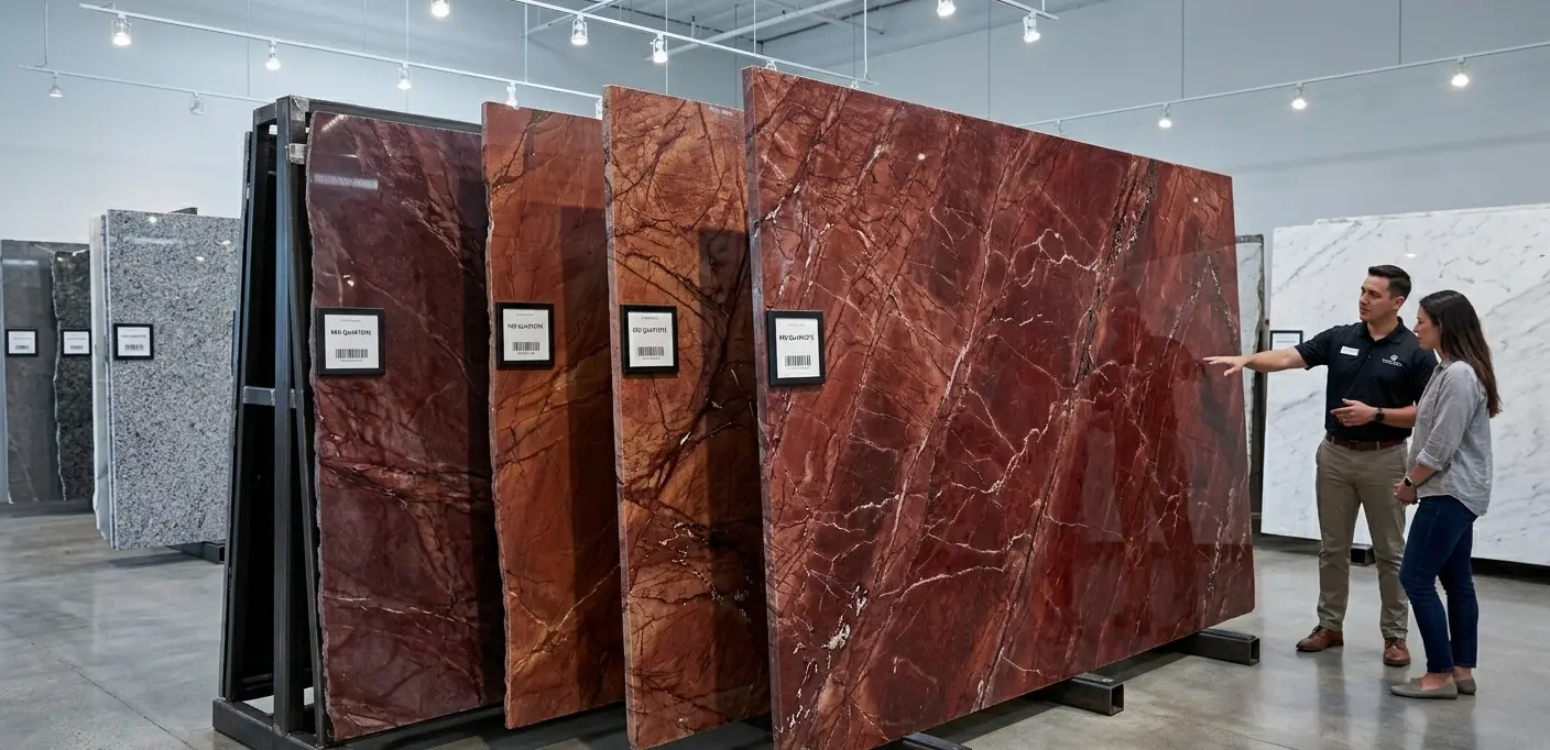 Red quartzite slab in a showroom