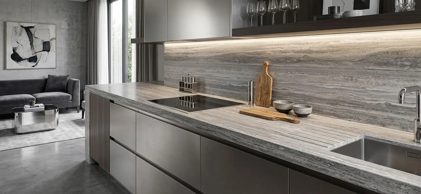 Contemporary kitchen featuring countertops and a backsplash made from silver travertine stone