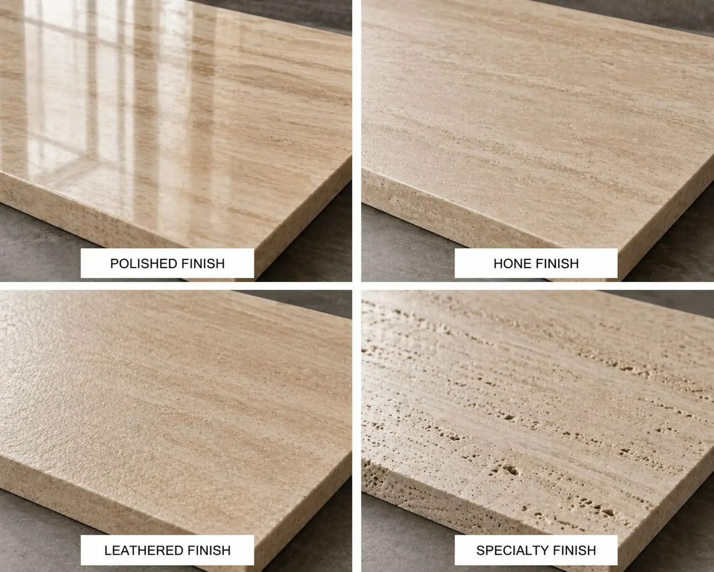 Four Travertine slab finish samples: polished, honed, leathered, and specialty