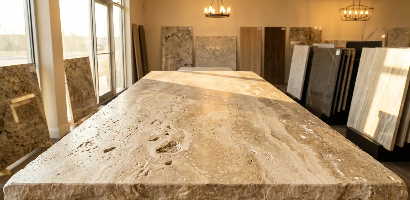 Leathered finish cream travertine natural stone slab
