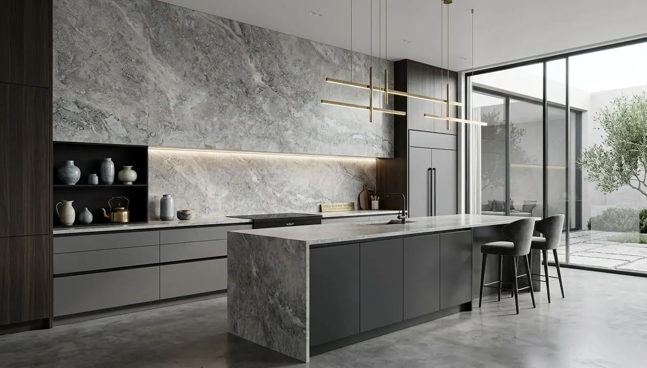 Kitchen featuring seamless accent wall of gray travertine stone