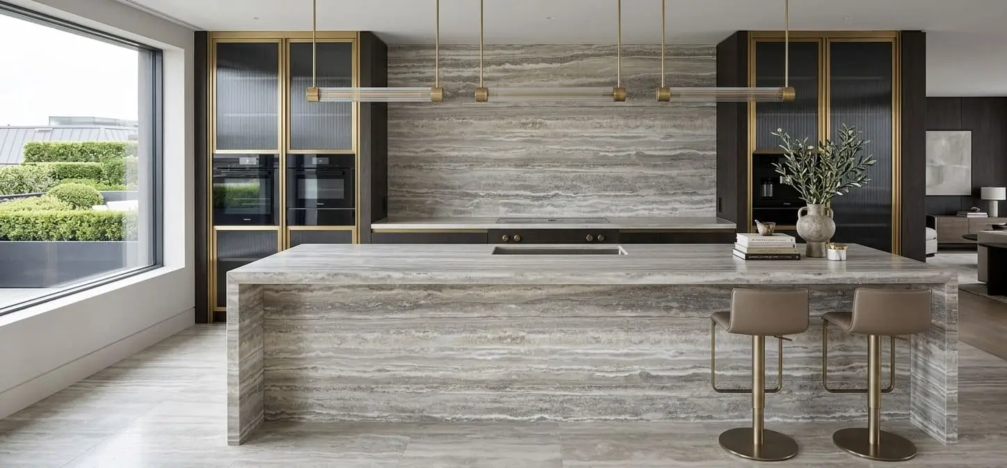 Modern luxury kitchen featuring silver travertine slabs on the island and walls