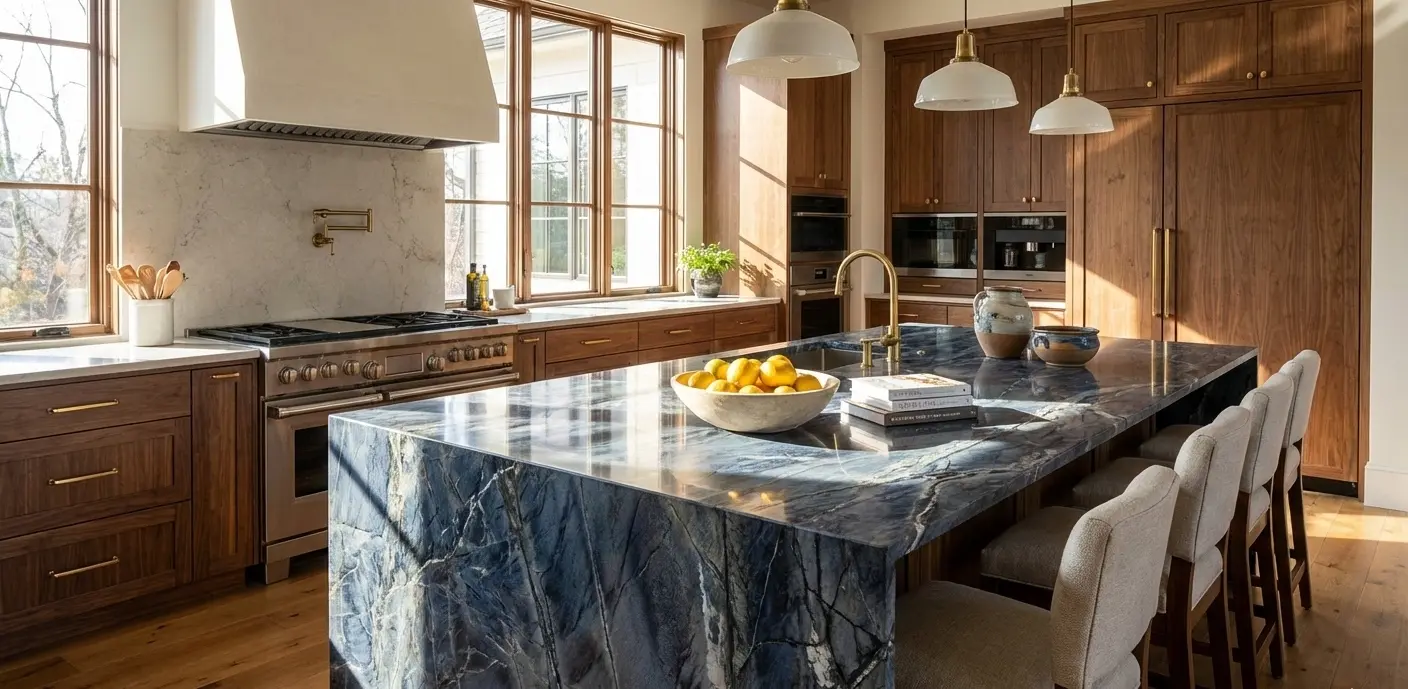 Blue quartzite countertop with polished finish