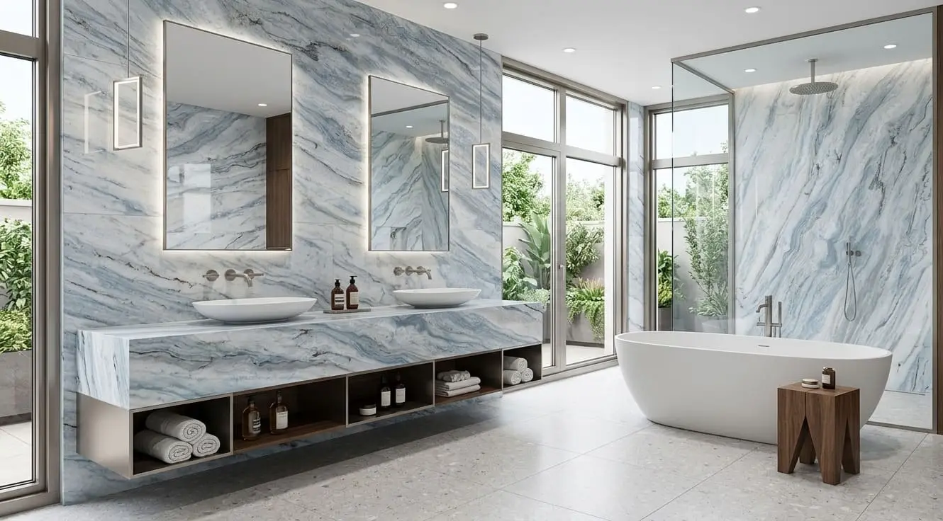Luxurious bathroom with blue walls and countertop