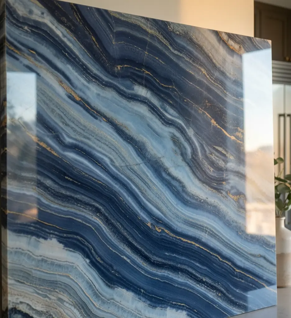 Blue quartzite slab with natural veining