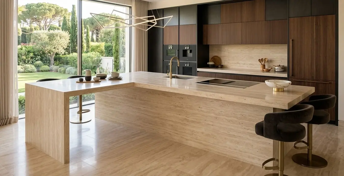 Kitchen featuring high-end cabinets and expansive polished travertine countertops