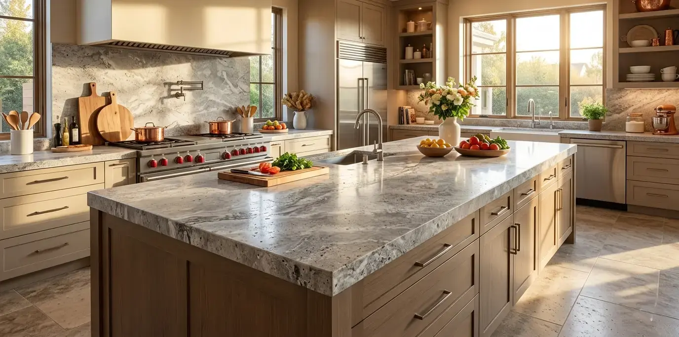 Silver travertine slab surface with distinctive pitting and cross-cut pattern