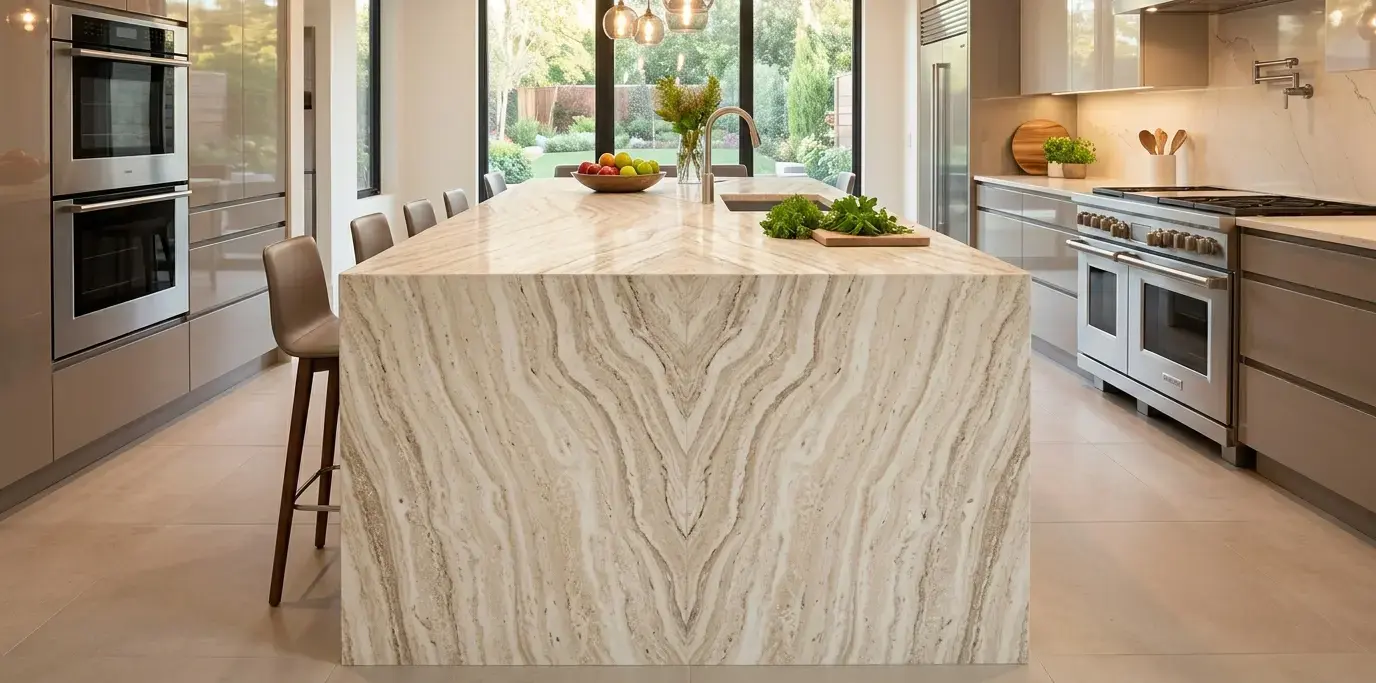 Bookmatched travertine countertop slabs 