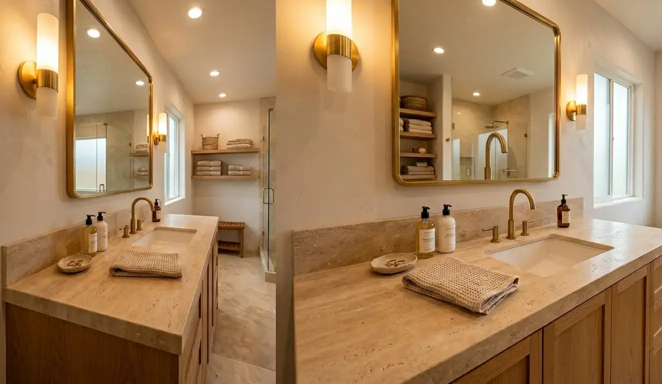 Honed leathered travertine bathroom vanity