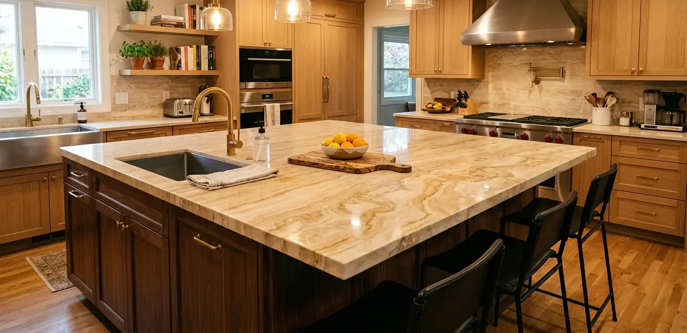 Conceptual rendering of polished Travertine countertop slab showing warm ivory and gold veining