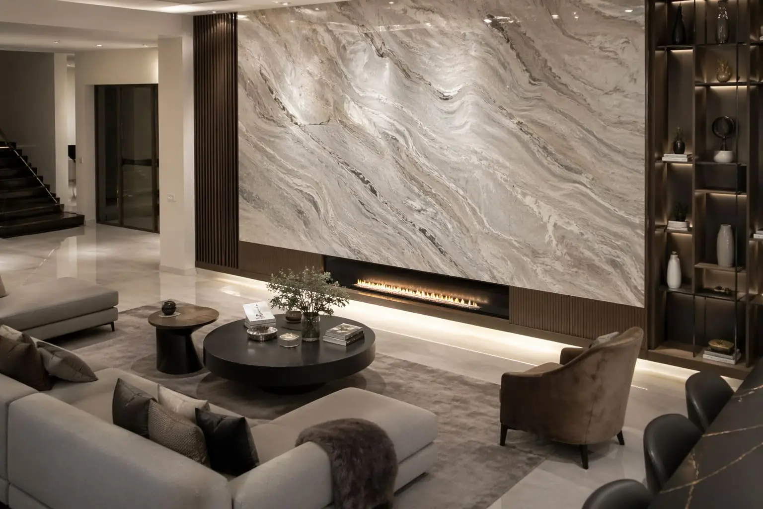 Allure Quartzite matte slab installed as a large living room feature wall with fireplace