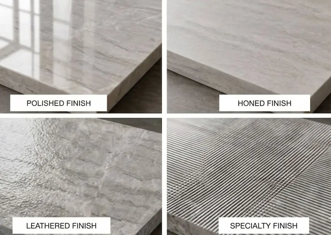 Allure quartzite slabs showing polished, leathered, honed, and specialty finishes