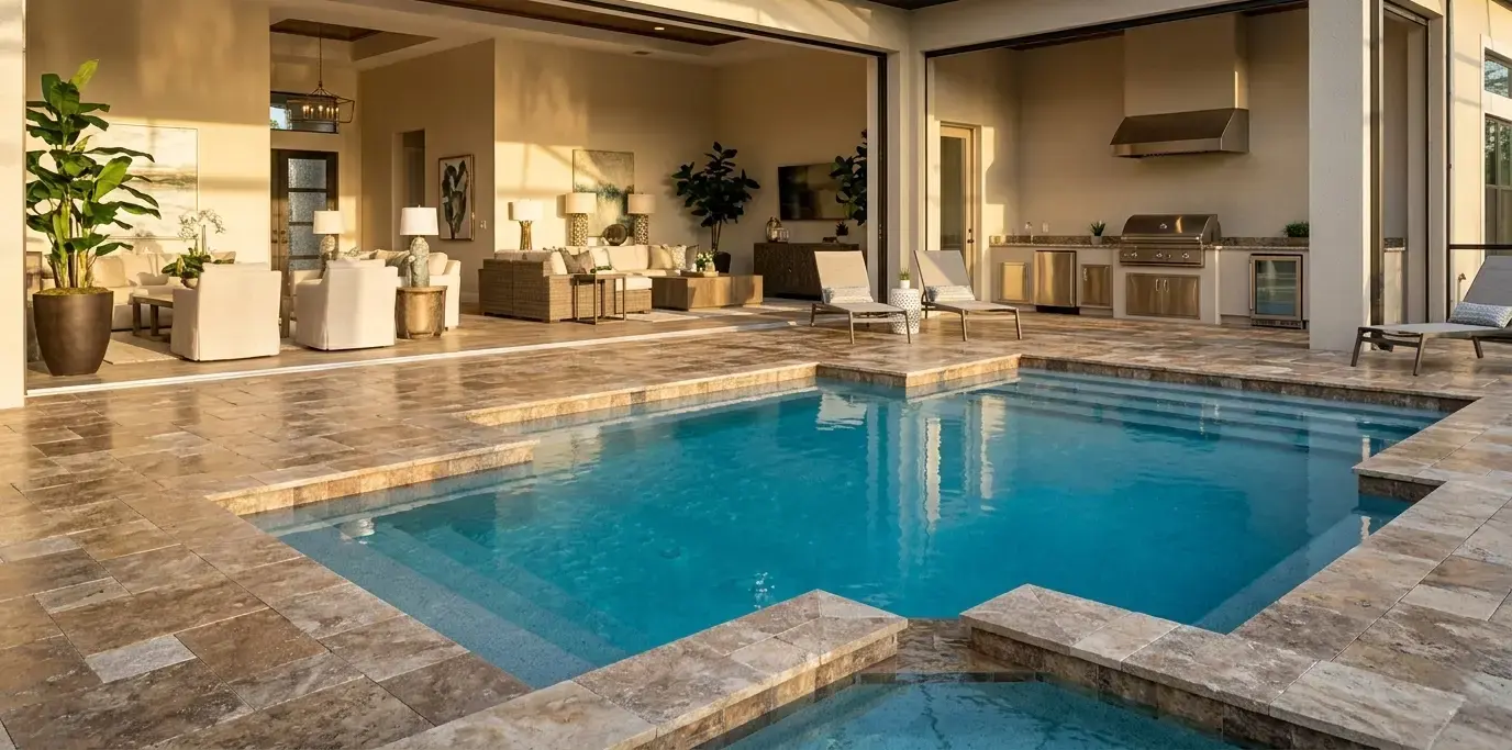 Honed travertine pool deck with matte finish