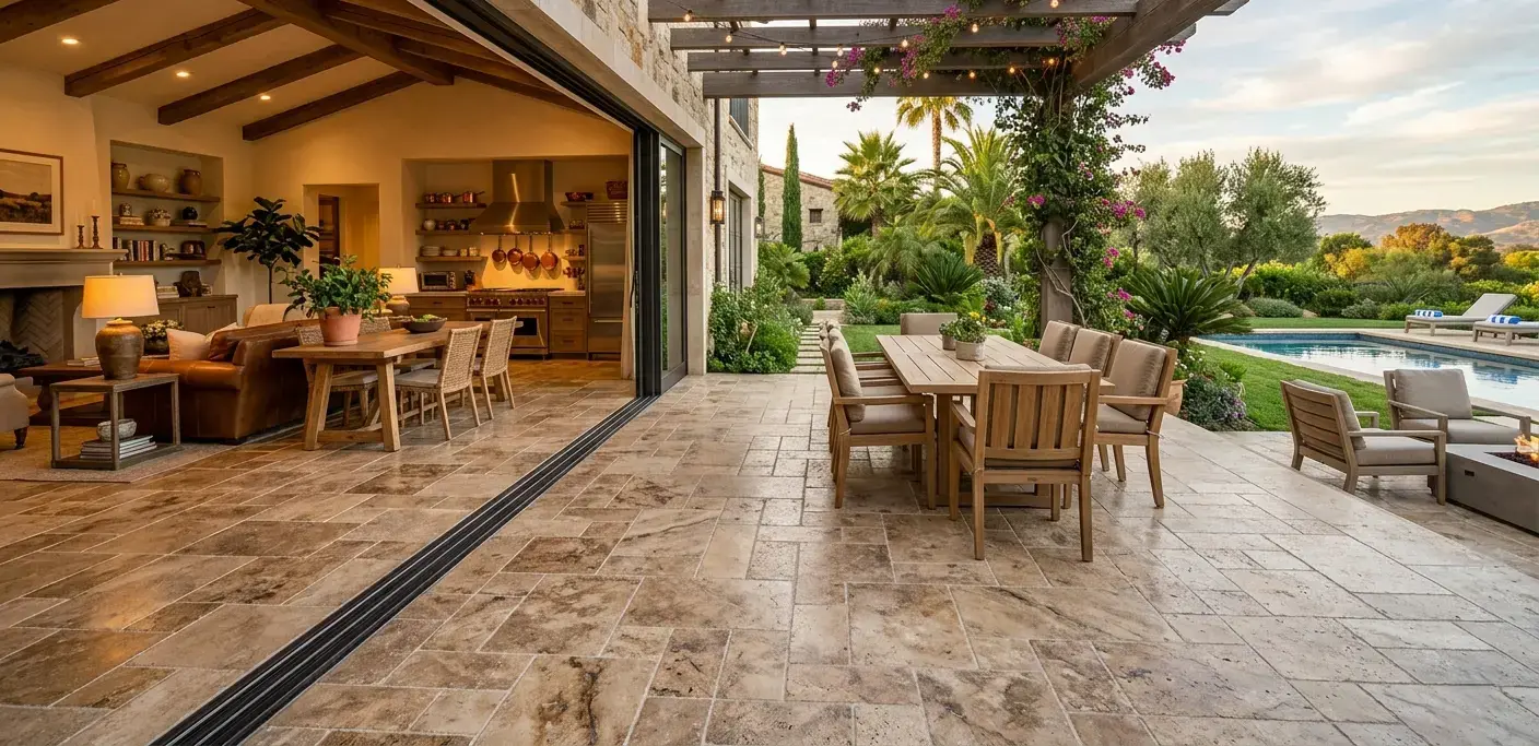 Honed travertine patio flooring in Versailles pattern