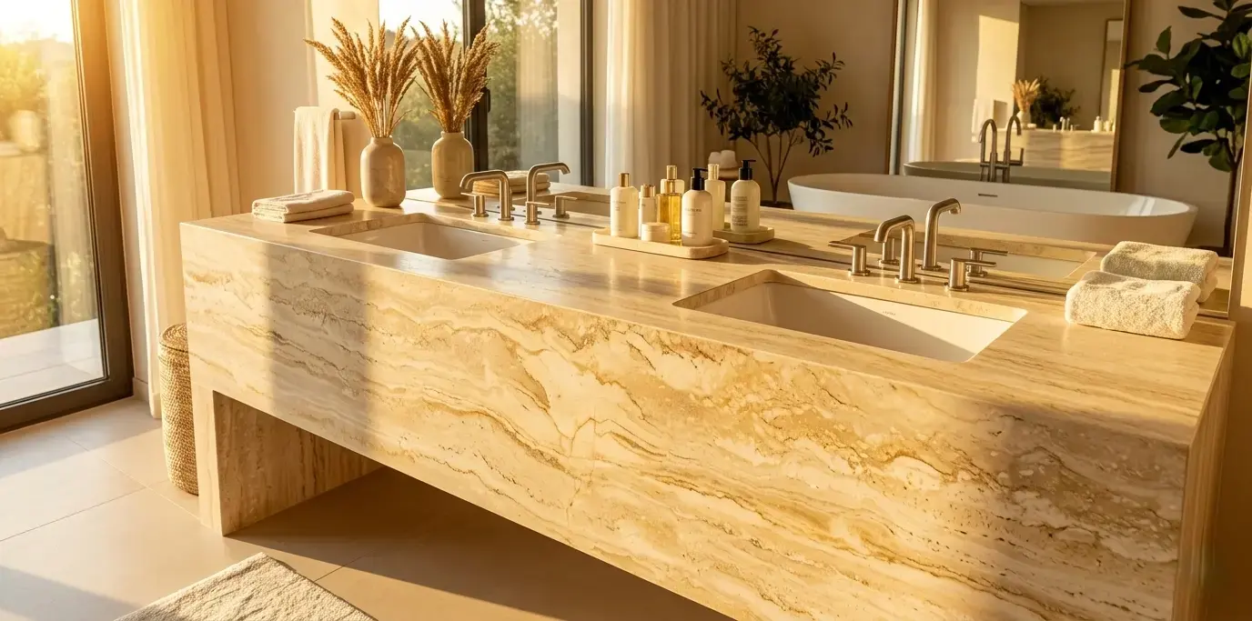 Honed travertine bathroom vanity top with seamless slab