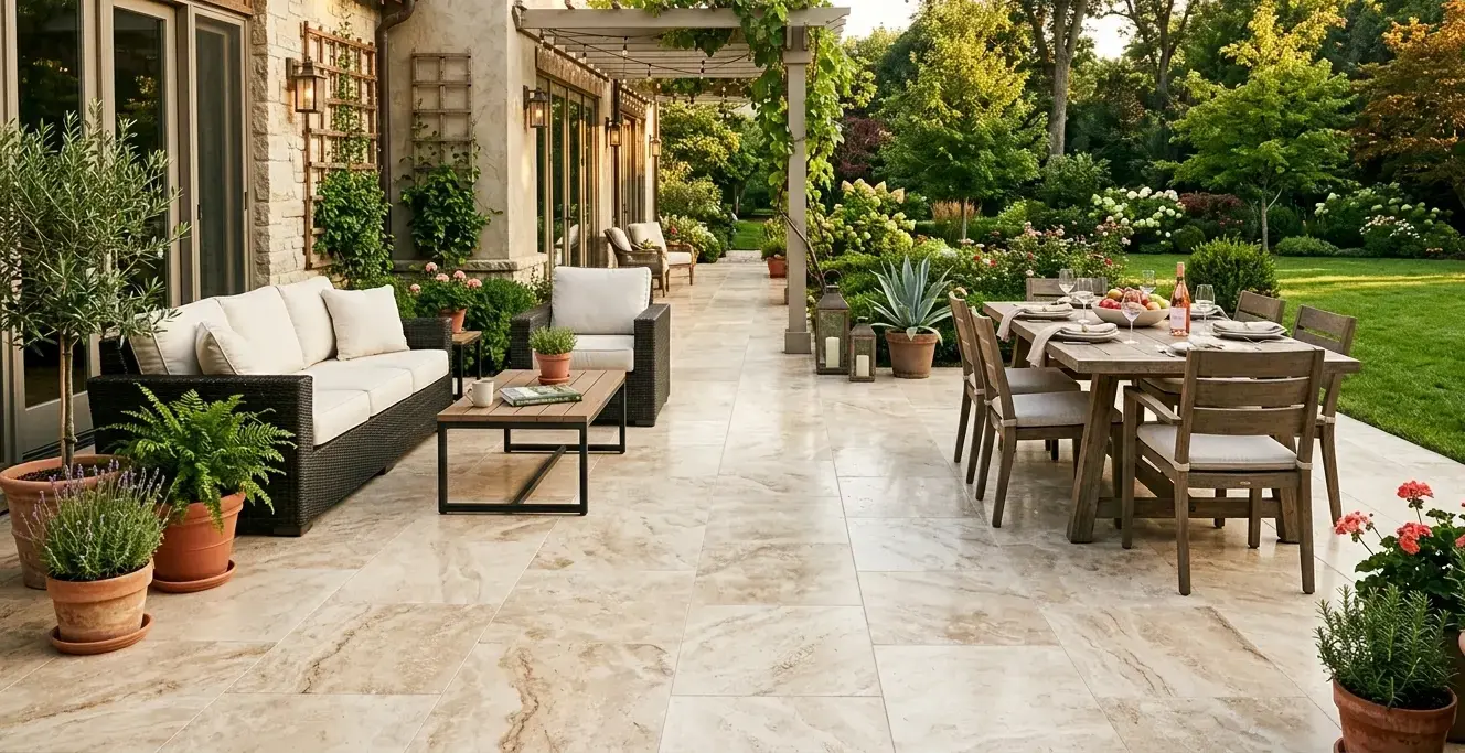 Polished travertine outdoor paving on a backyard patio