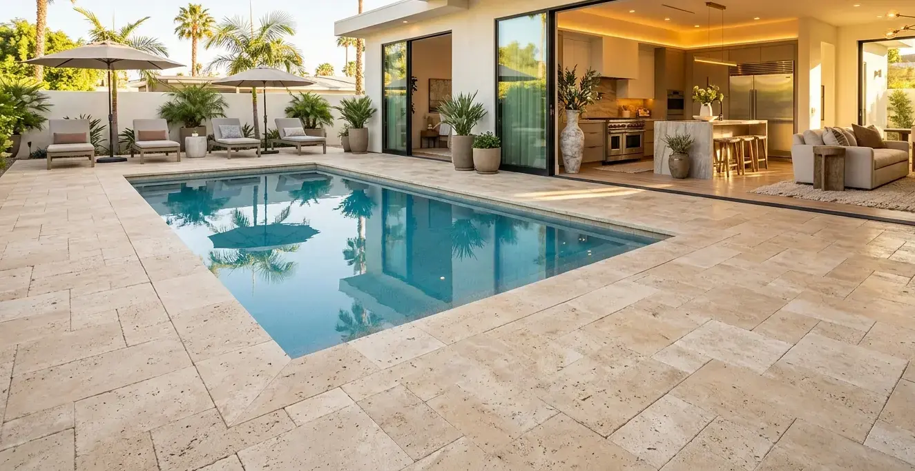 Honed travertine outdoor paving surrounding a rectangular pool deck