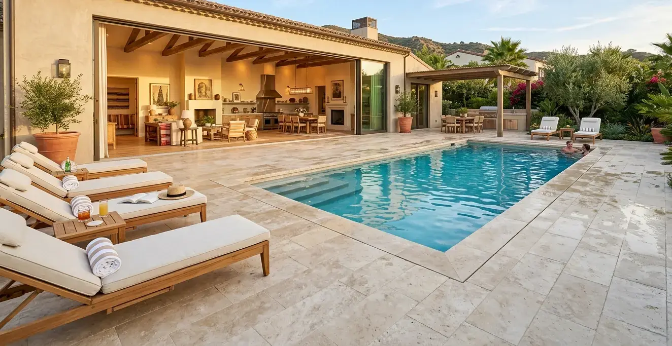 Warm cream finish honed travertine paving  pool deck