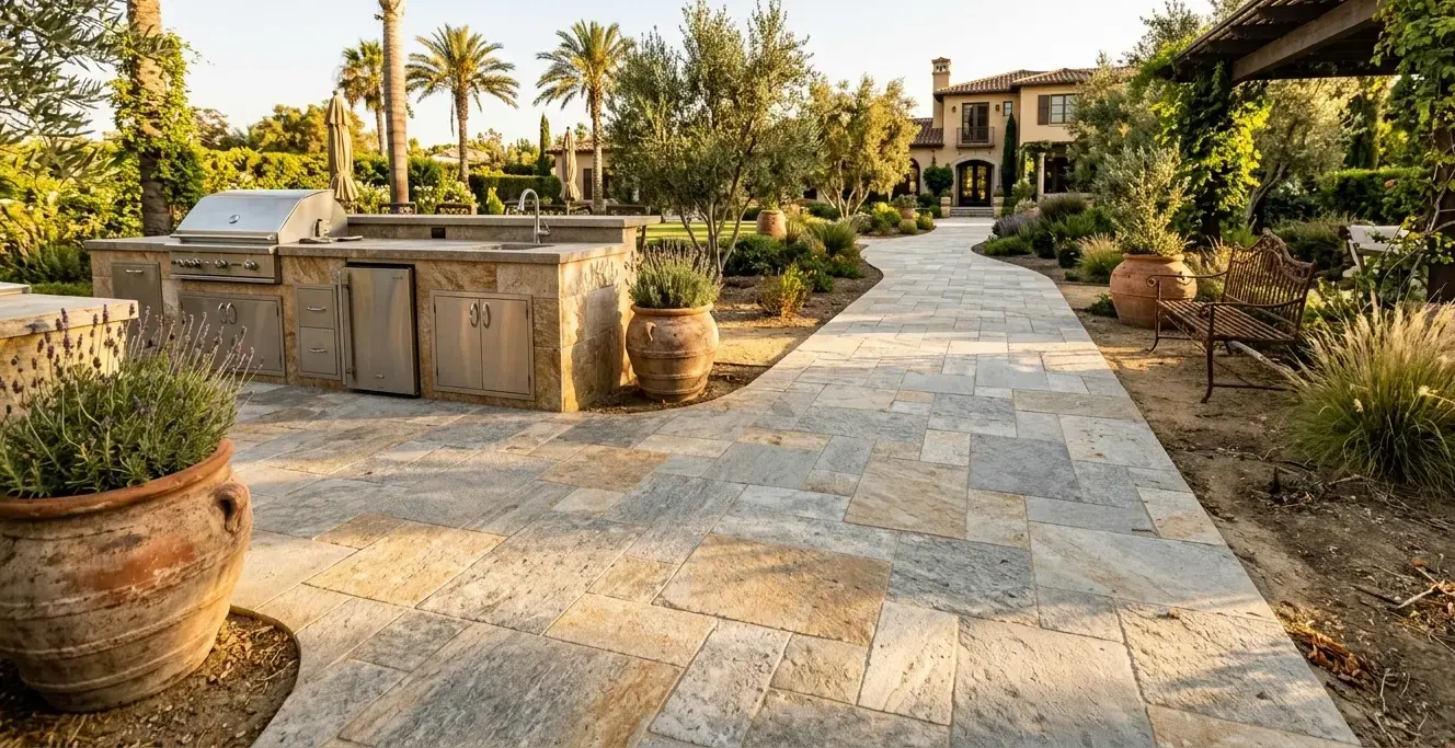 Leathered travertine slab walkway