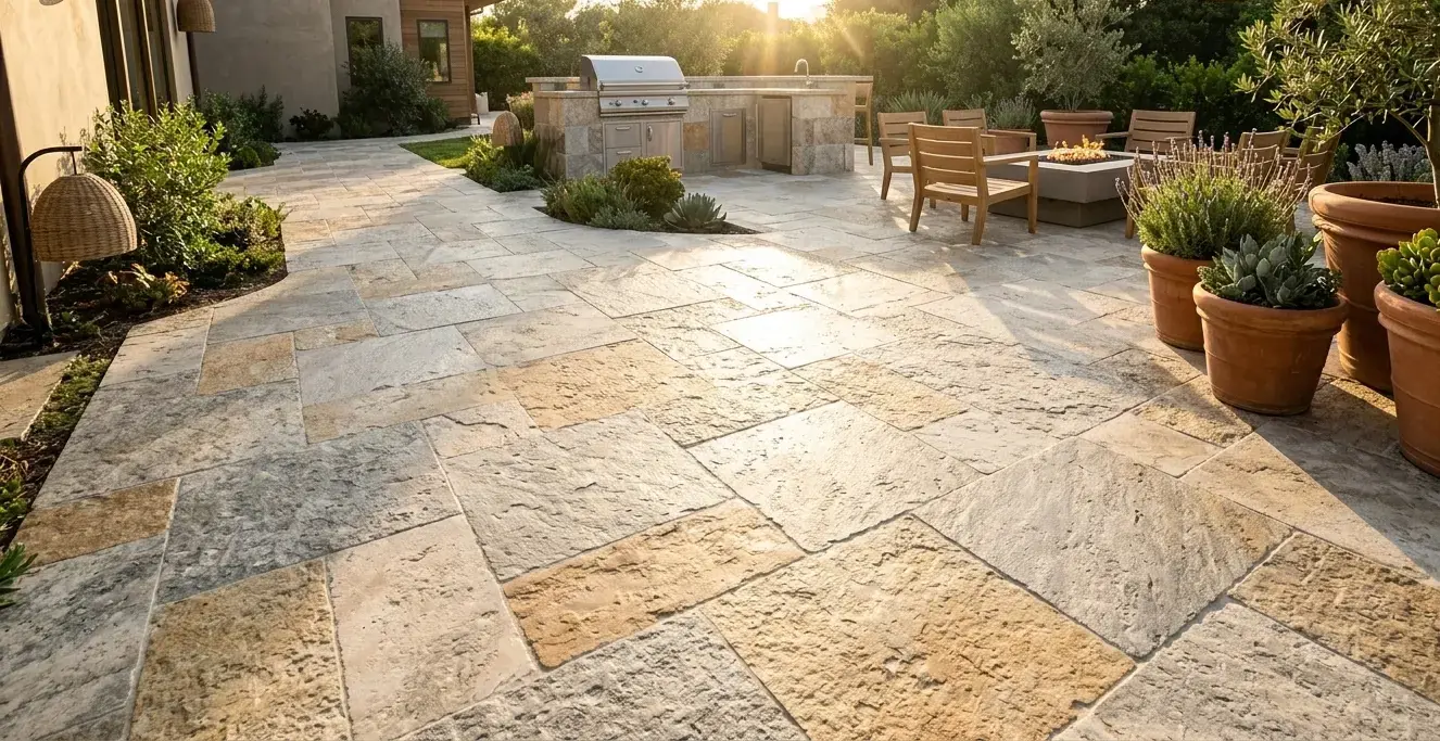 Leathered travertine in a French pattern layout with silver and gold stone tones