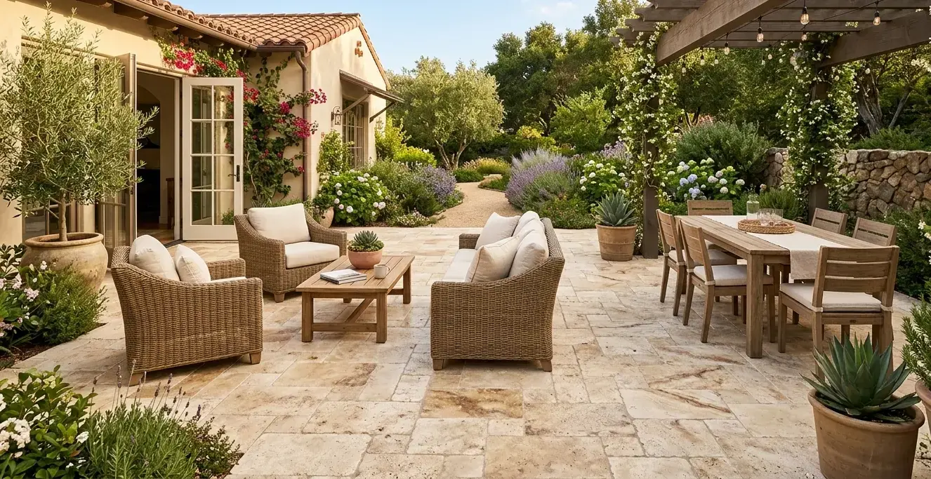 Tumbled travertine pavng a backyard patio with walnut veining and ivory tones