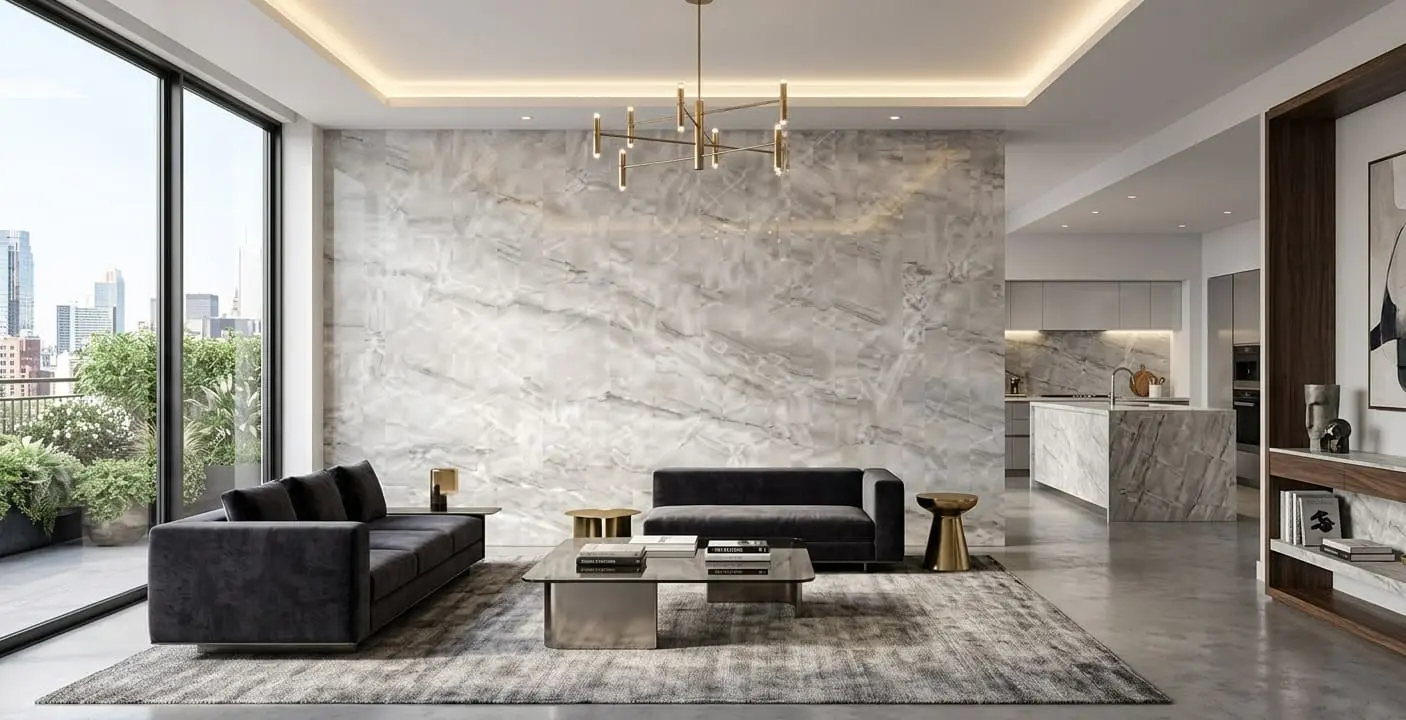 Conceptual rendering of a modern living room with a light quartzite feature wall