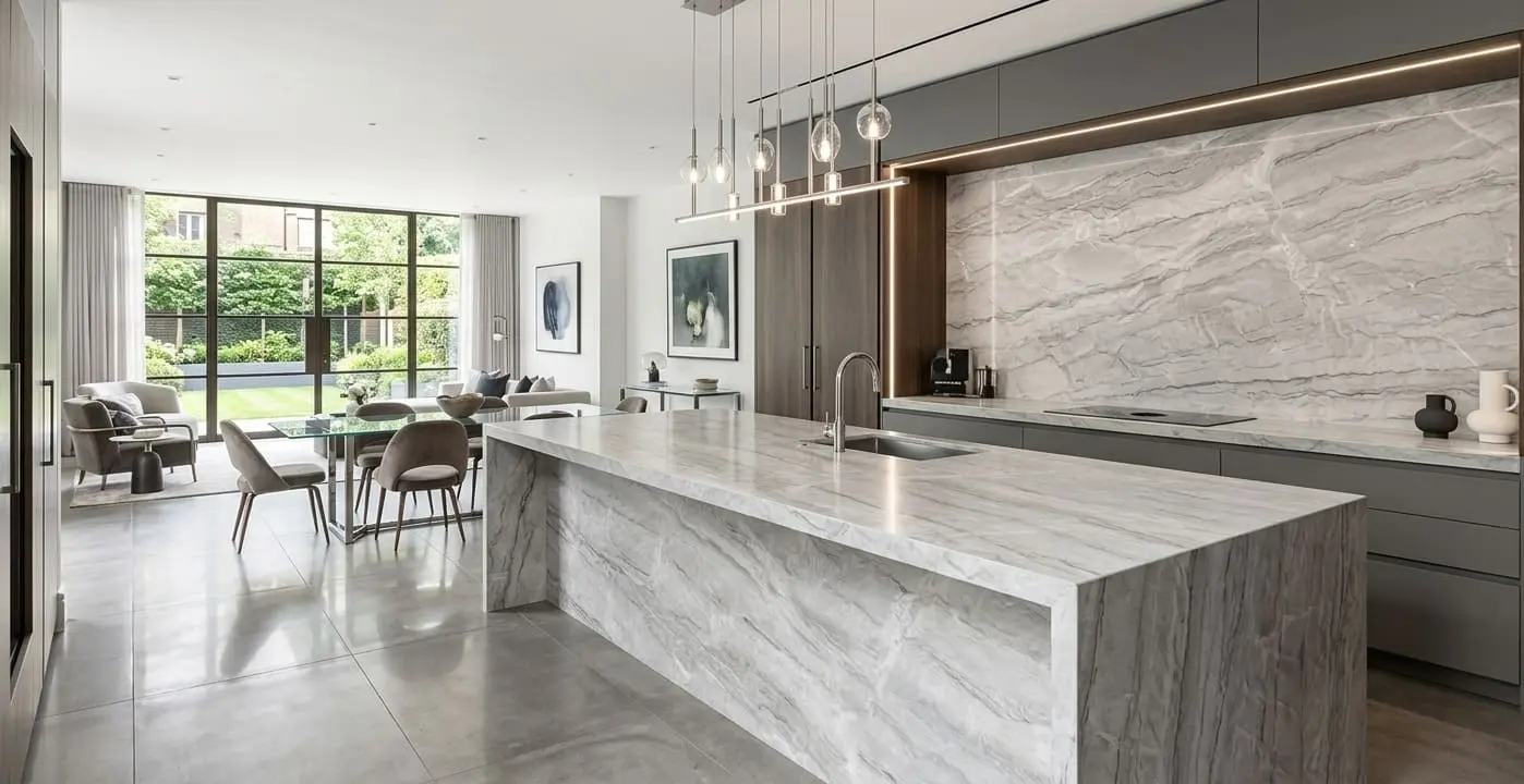 Allure Quartzite matte slab used as a kitchen island countertop and wall backsplash