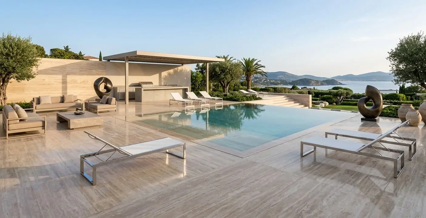 Luxurious outdoor pool deck featuring polished travertine flooring