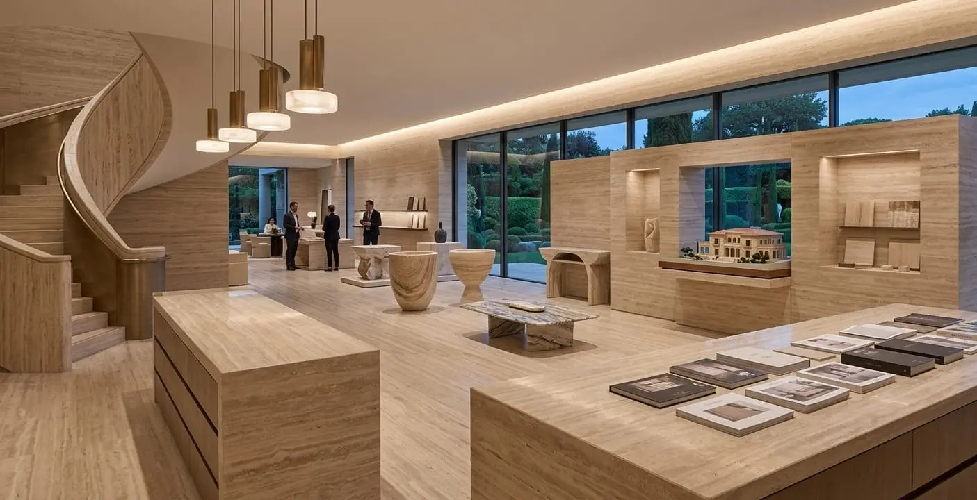 Luxurious showroom interior clad in Travertine stone