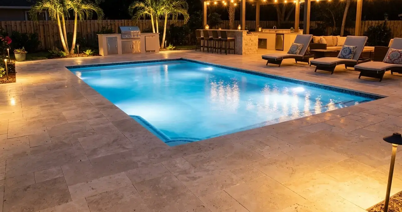 Honed travertine pool deck slabs in cream and ivory tones