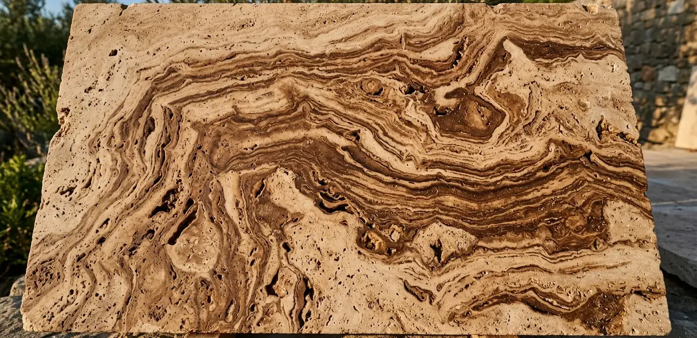 Close-up of natural travertine slab surface showing unique veining and texture