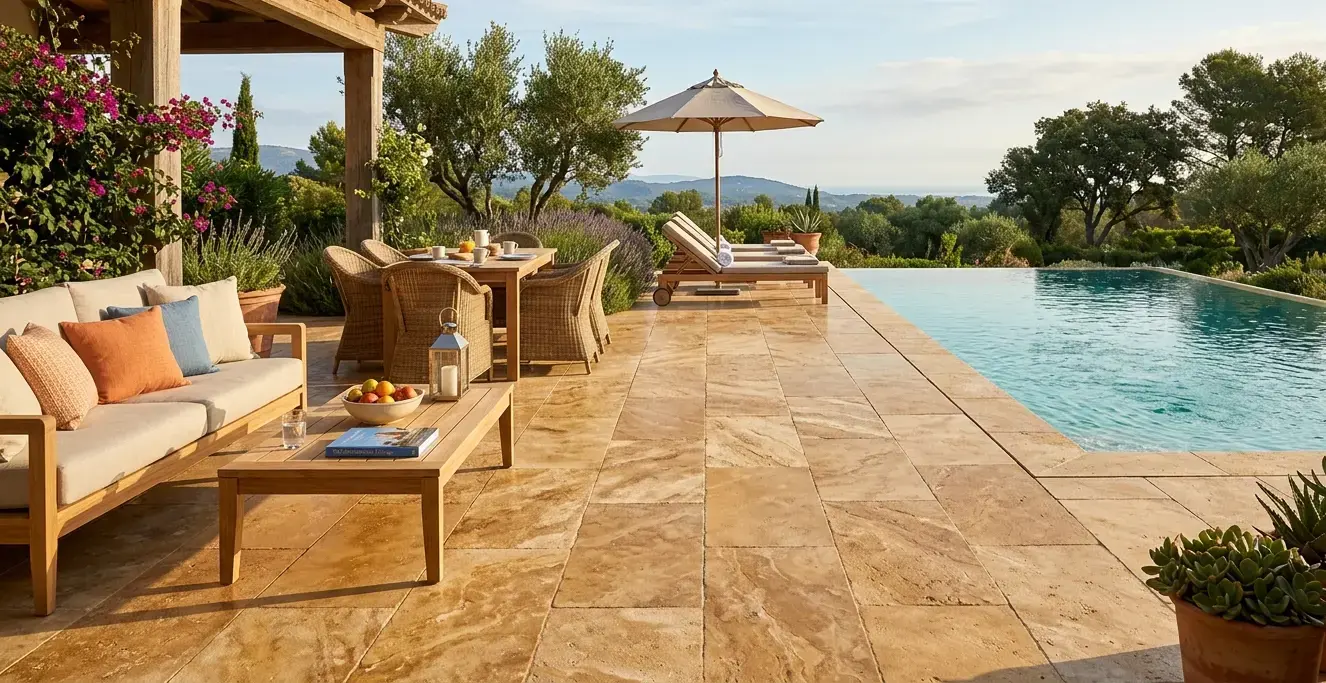 Leathered travertine natural stone slab with warm honey tones