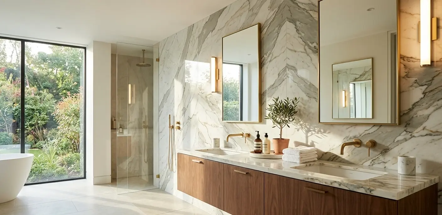 Polished natural stone slab in bathroom vanity