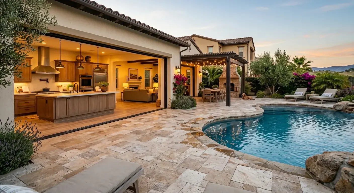 Tumbled travertine slabs used as pool deck and patio pavers