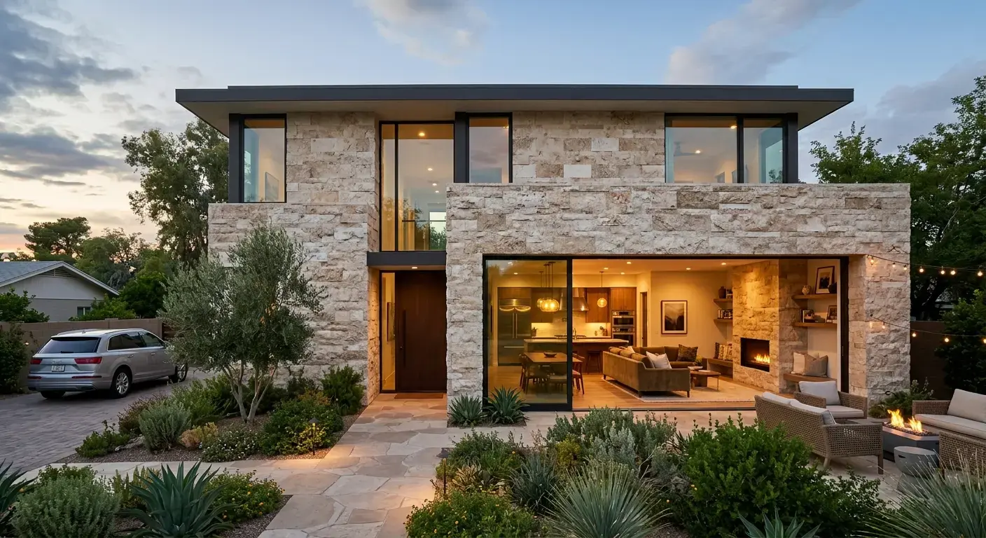 Split-face travertine exterior wall cladding on a residential building