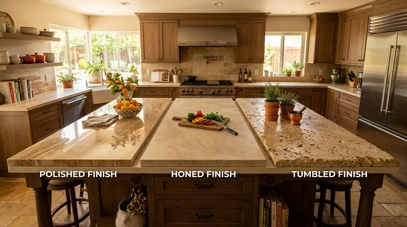 Comparison of polished, honed, and tumbled travertine slab finishes