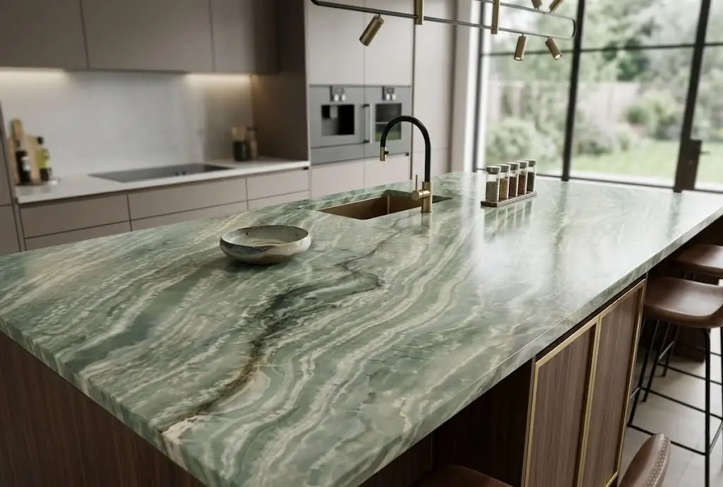 Modern luxury kitchen island with a seamless, wavy green semi-precious stone countertop