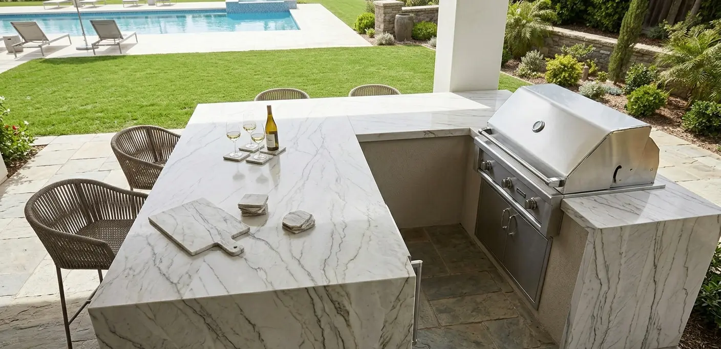 Luxury Mont Blanc Quartzite Outdoor Kitchen with a large island and built-in stainless grill