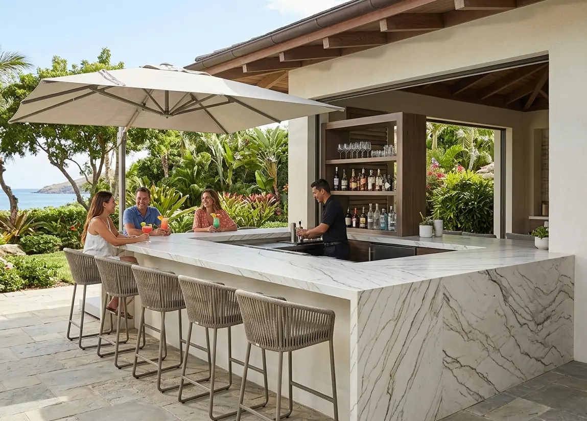 People enjoying drinks at a beautiful Mont Blanc Quartzite Outdoor Kitchen bar area outside