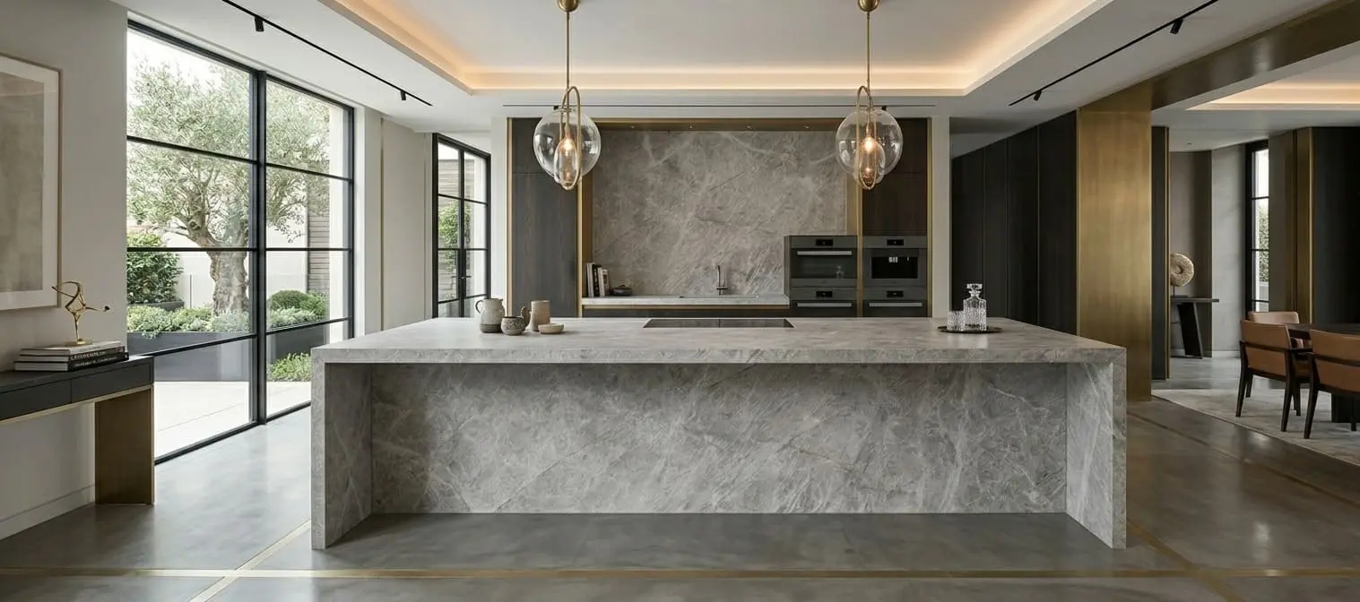 Modern kitchen with a large Allure quartzite island in a leathered finish