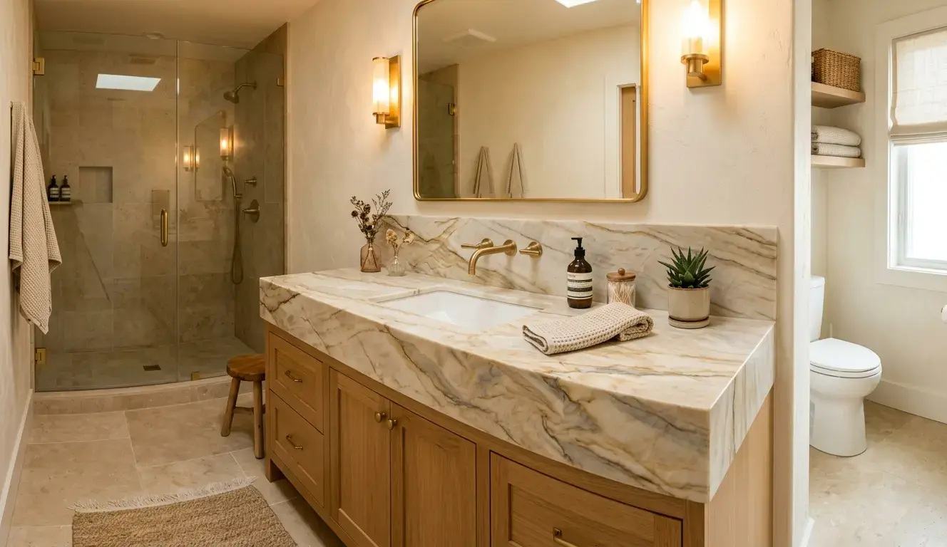 Allure Quartzite Polished slab installed as a bathroom vanity