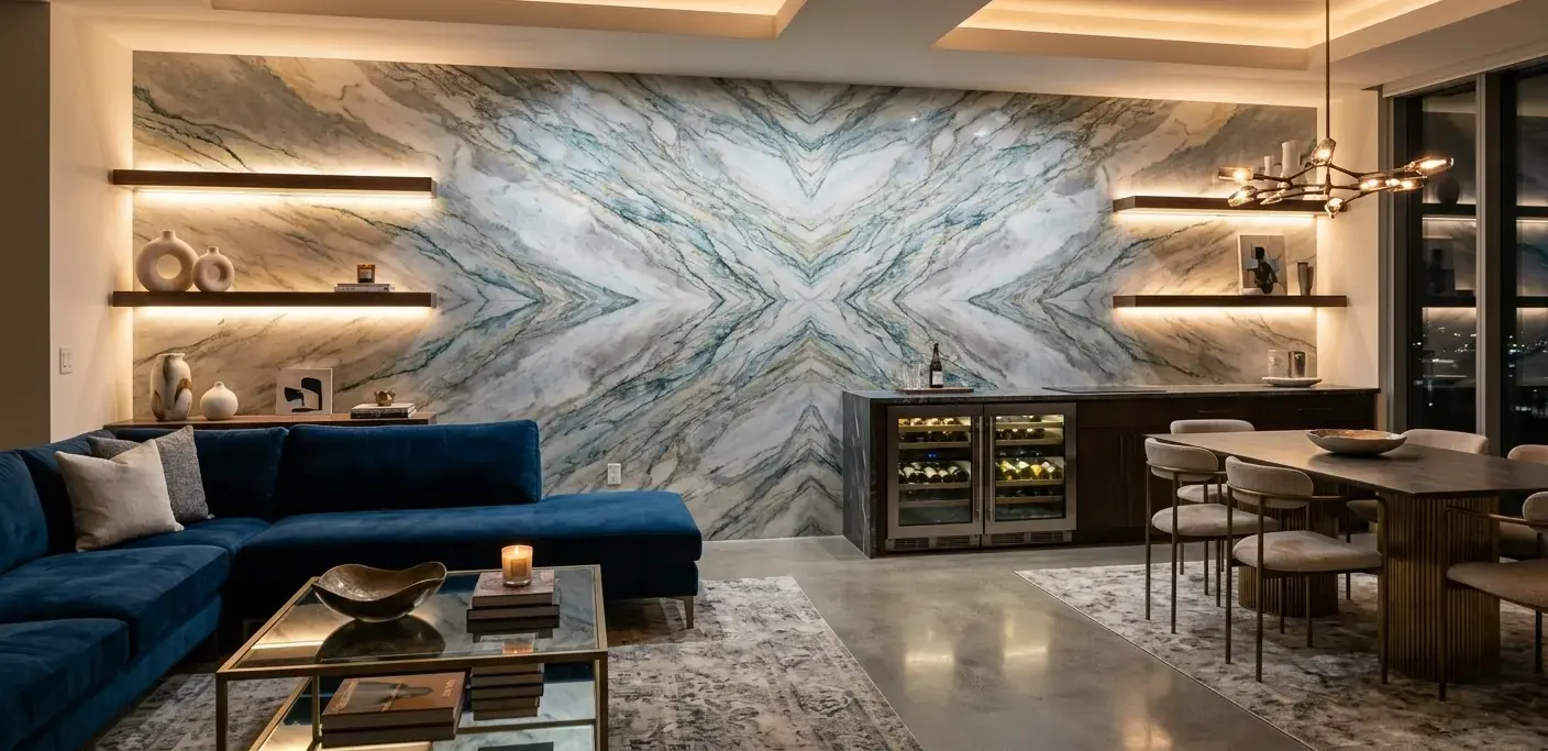 Modern living room with Allure Quartzite natural stone