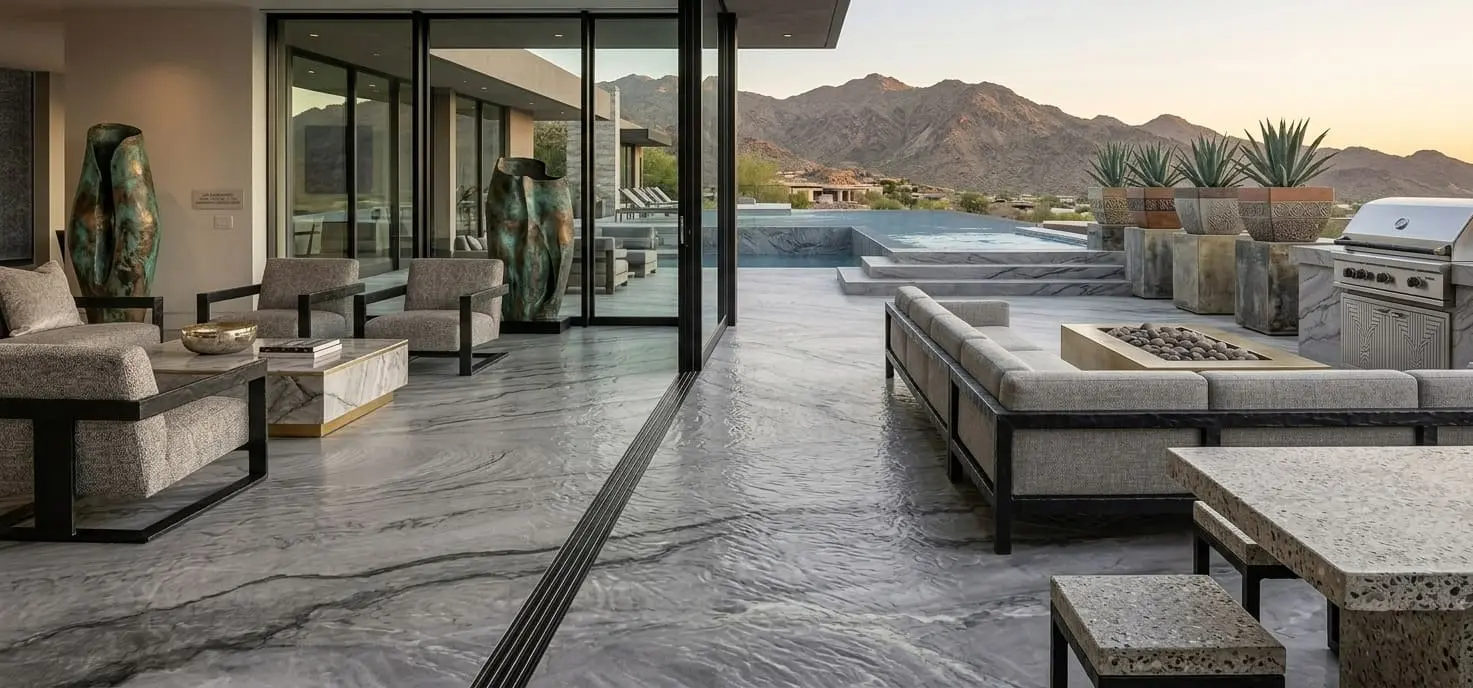 Indoor-outdoor space featuring Allure Quartzite Honed slabs on floors and surfaces